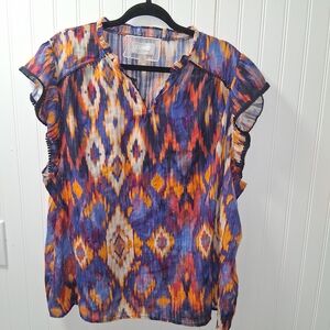 Cupio Purple Orange Ikat Cap-Sleeve Top 3X